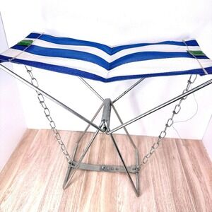 Vintage Folding Camping‎ Stool Metal Frame Chain Support Blue Seat Portable